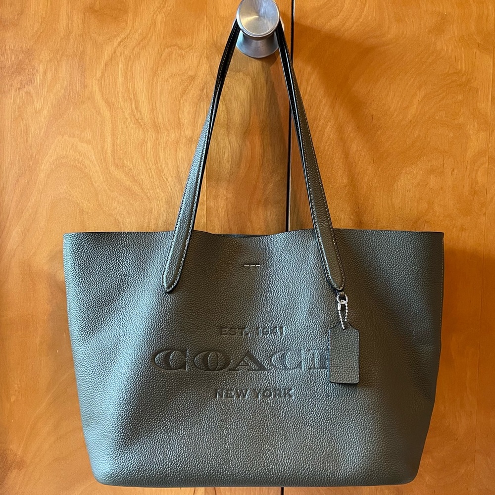 Coach Green Leather Tote Bag with Embossed Logo